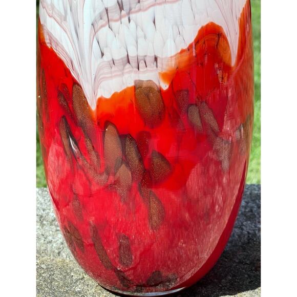 Beautiful Hand Blown Amphora Art Glass Vase red white and gold 5.25" W x 15" H - Picture 3 of 4